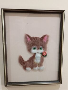 Japanese Bunka Cat Framed Art, 15” x 19” - Vintage 70s!